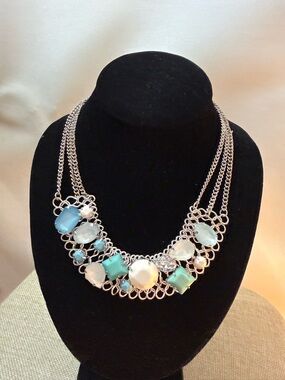 Silver-Tone Blue and White Gemstone Bib Necklace - Women Jewelry
